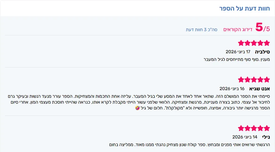 שלוש חוות דעת של קוראות באתר, דירוג חמישה כוכבים